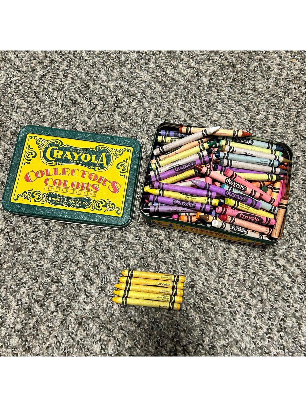 vintage 1991 Crayola crayon tin box FULL of vtg crayons incl. 5 rare dandelion